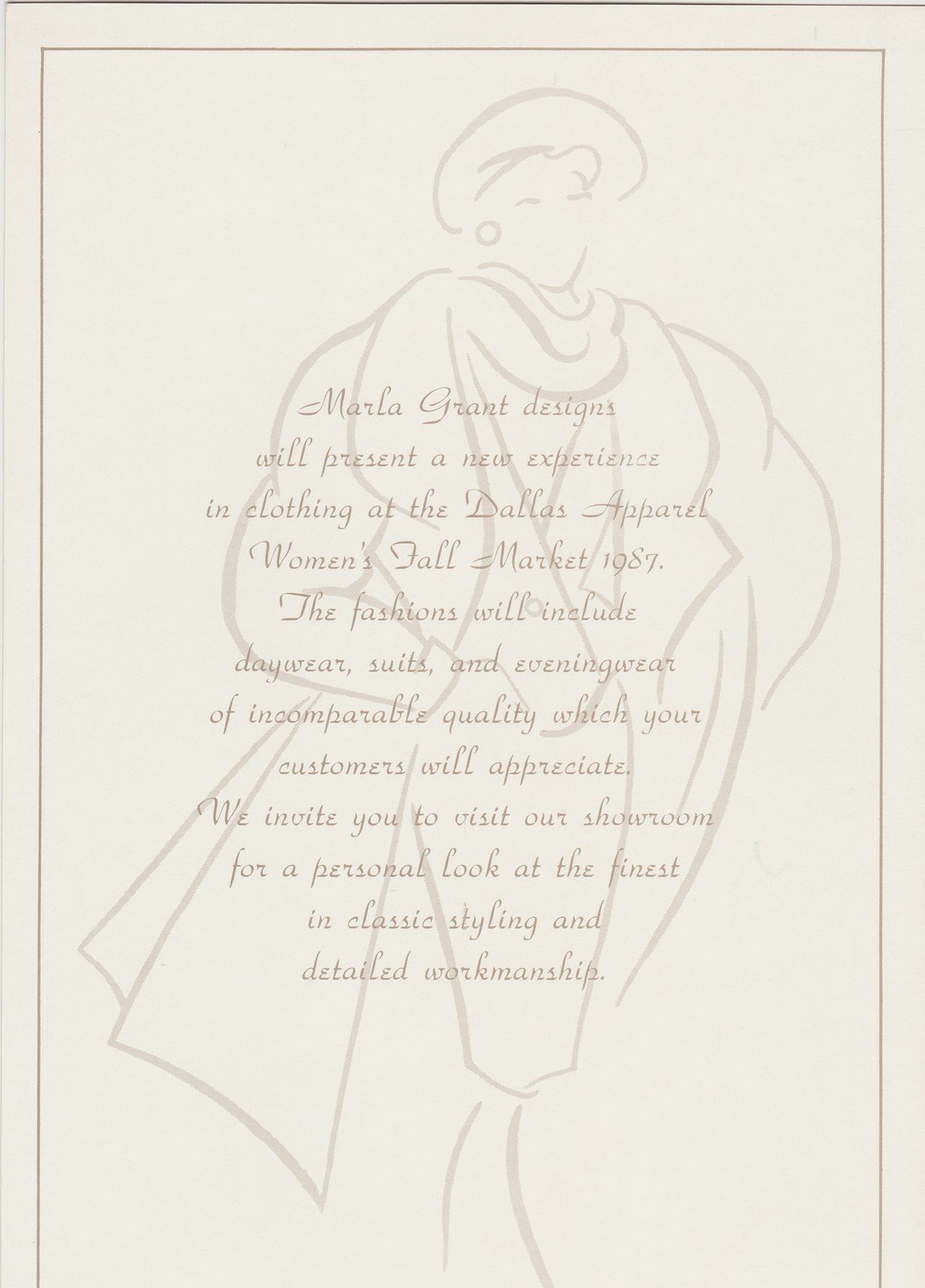 Um desenho de linha de uma mulher no fundo de um convite.
