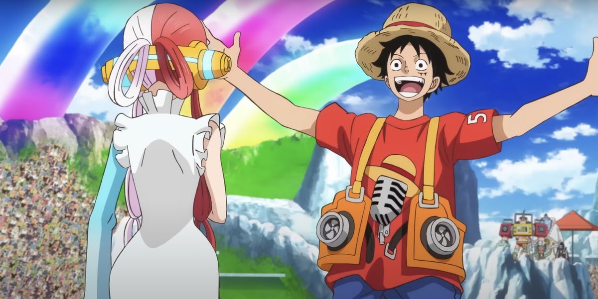 Piraat met strohoed Luffy, het middelpunt van de One Piece anime- en mangafranchise, begroet zijn oude vriend Uta met open armen en een enorm open mond in One Piece Film: Red