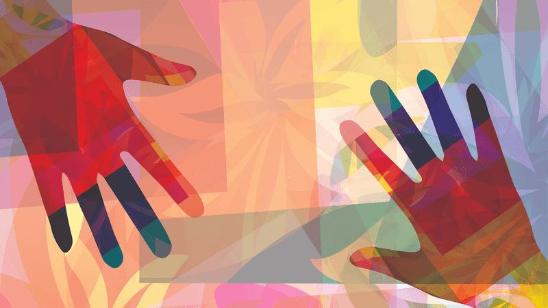Bright colorful human hands over a floral pattern, design by Dori Walker/RAND Corporation from proksima/Getty Images