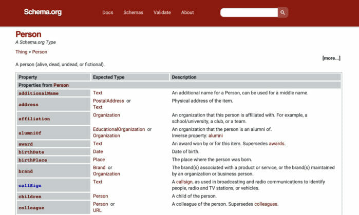 Captura de pantalla de propiedades en Schema.org Tipo de persona