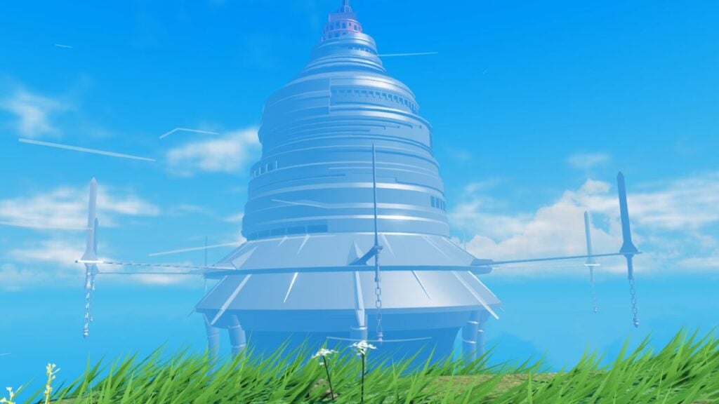 Feature image for our World Of Aincrad codes guide. It shows a large metal tower structure against a blue sky, with a grass verge in the foreground.