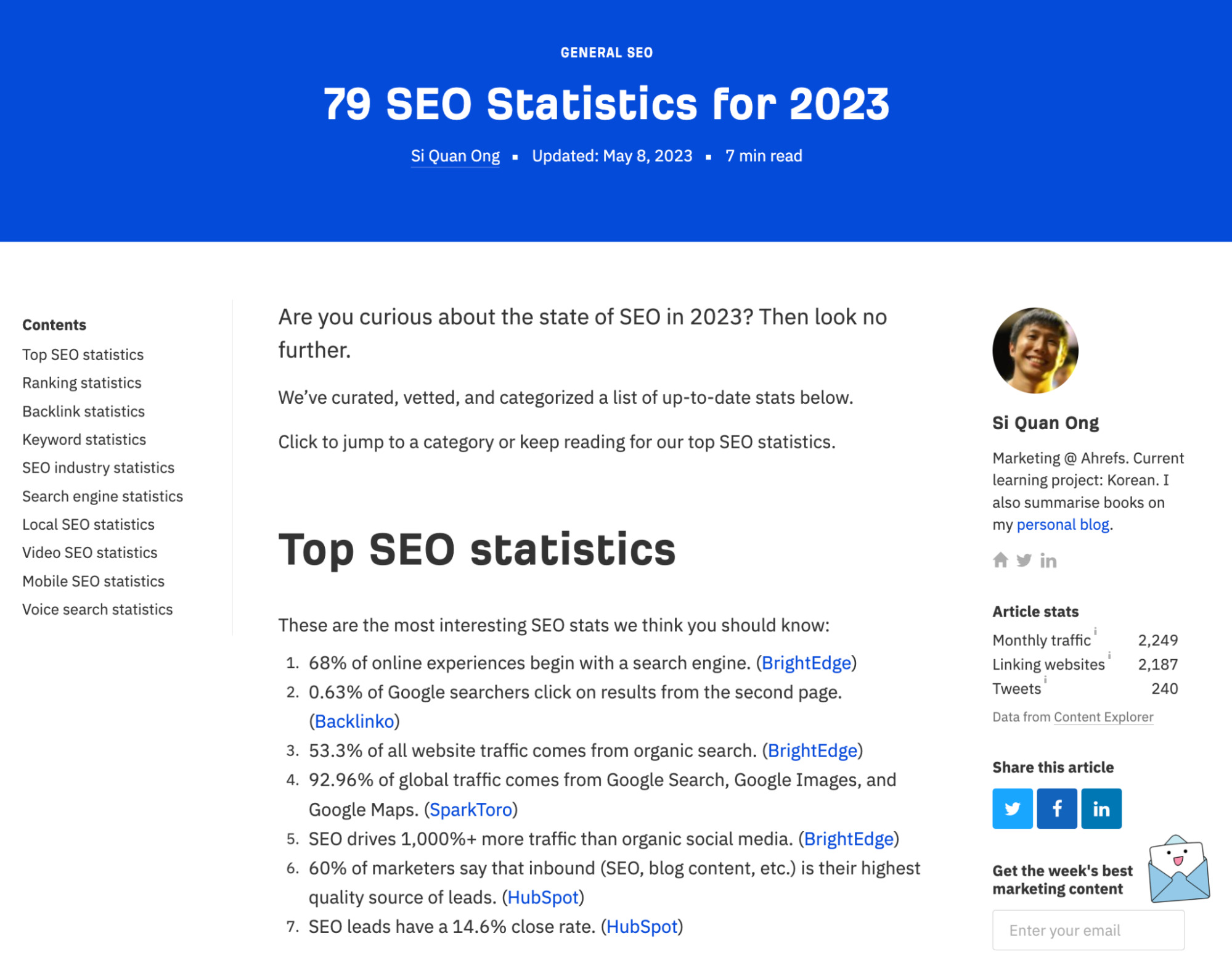 Ahrefs' blog article on SEO stats