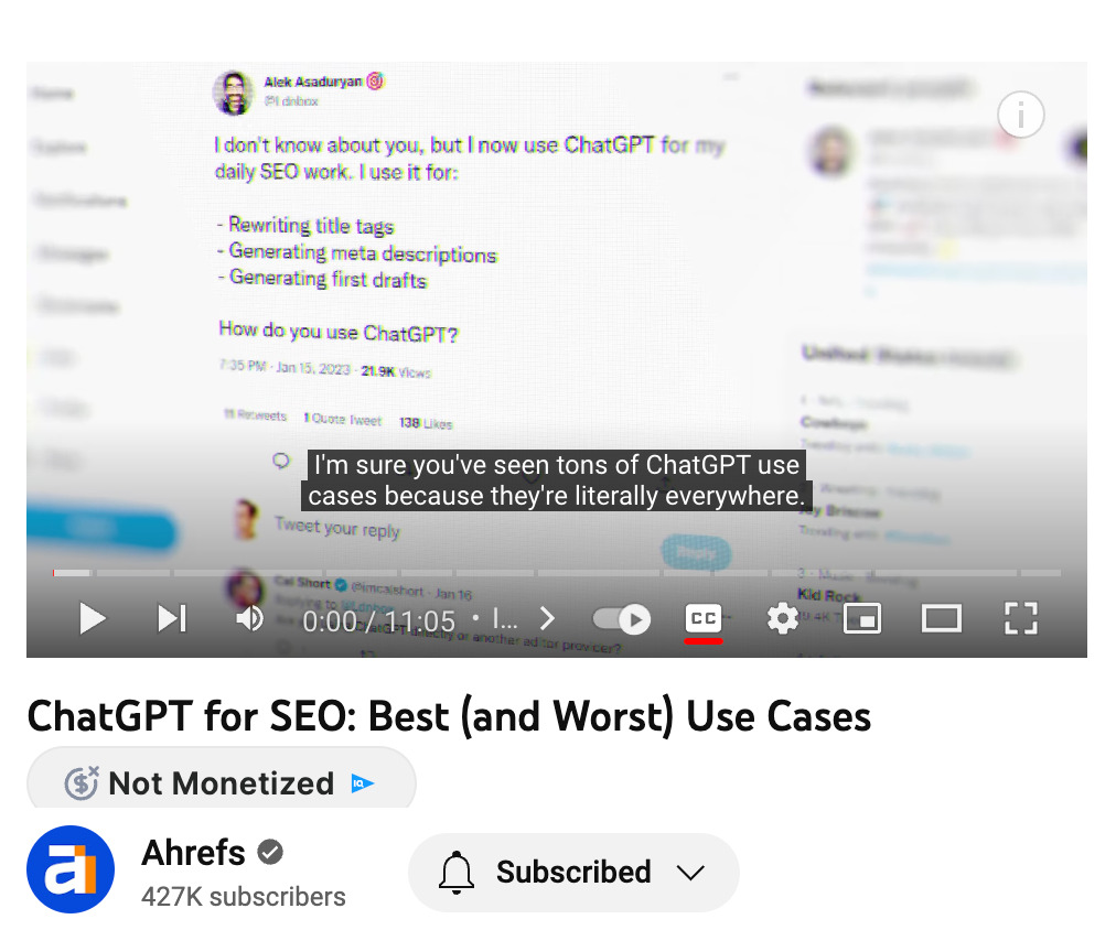 Ahrefs' video on ChatGPT for SEO 