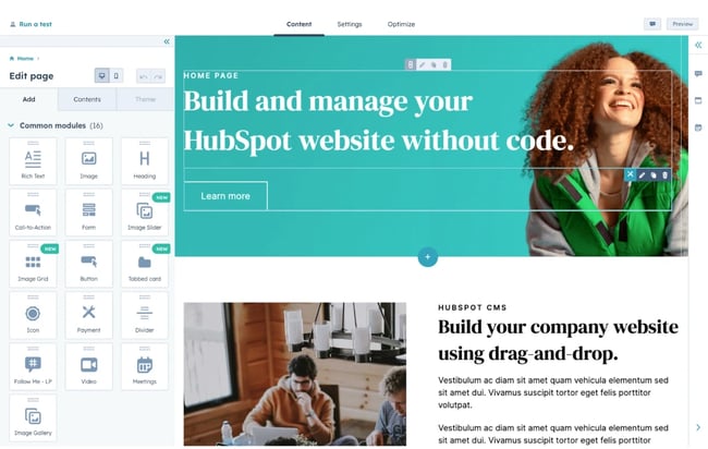 en iyi ücretsiz web sitesi oluşturucu: HubSpot sayfa oluşturucu arayüzü