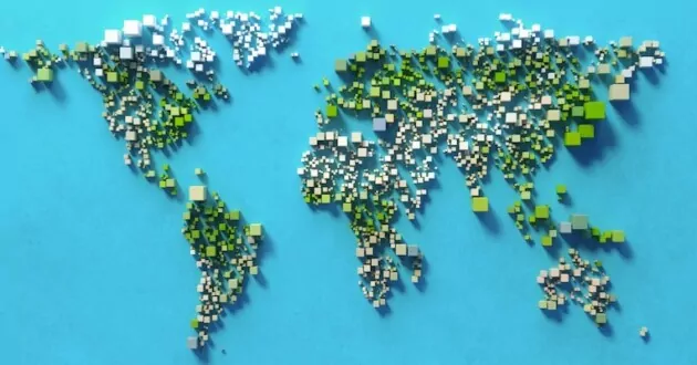 World map made of colored cubes