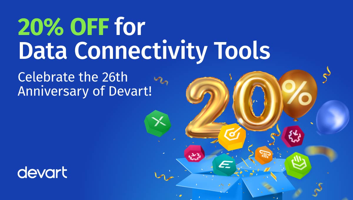 ¡Celebramos el cumpleaños número 26 de Devart con un descuento exclusivo del 20 % en herramientas de conectividad de datos!