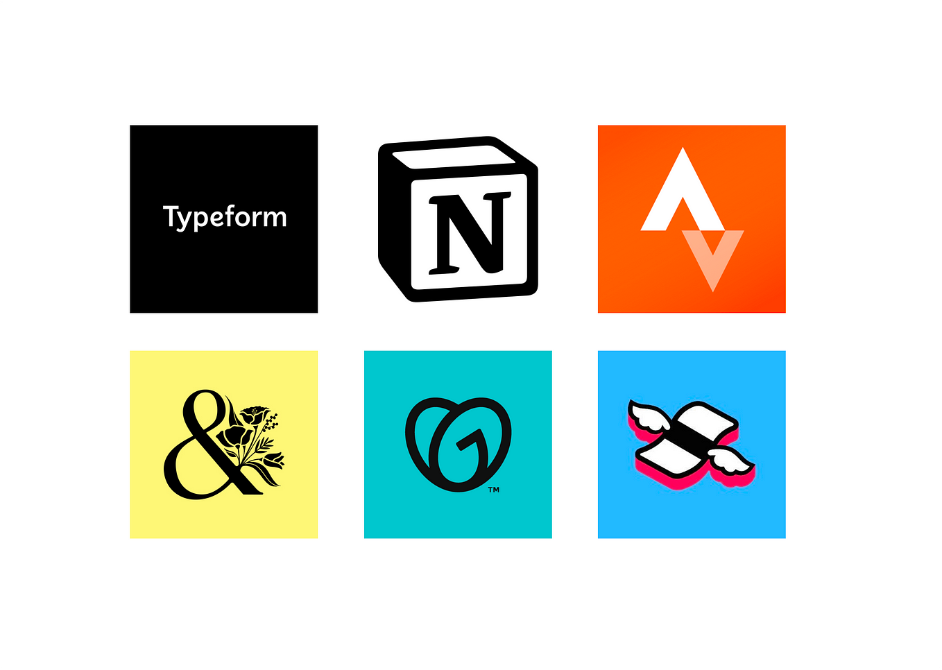 기사에 포함된 6개 제품 이미지: Typeform, Notion, Strava, Bloom & Wild, GoDaddy, Finimize
