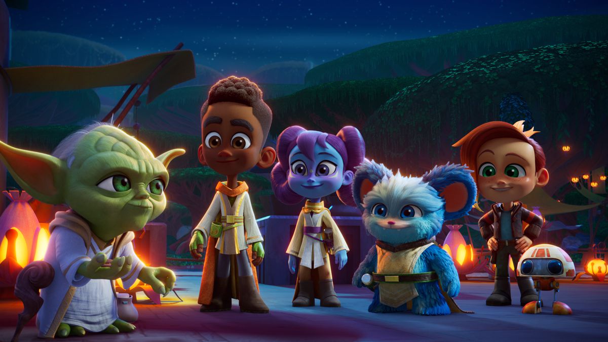 Star Wars: Young Jedi Adventures에서 마스터 요다, 제다이 어린 카이, 리스, 누브스, 그리고 그들의 친구 내쉬와 RJ-83이 랜턴 앞에 서 있습니다.