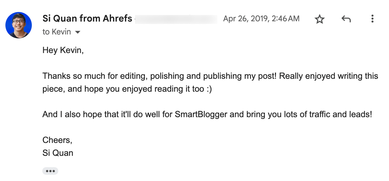 Correo electrónico de agradecimiento de SQ al editor de SmartBlogger