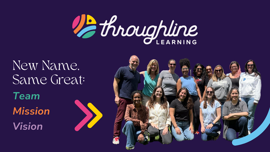 New Name, Same Great: Team, Mission, Vision; Throughline Learning logo; photo of the Throughline Learning team