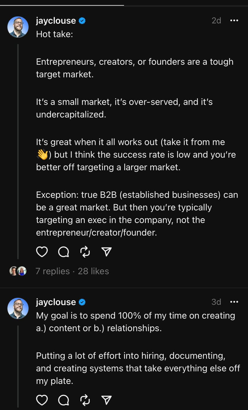 Screenshot del feed Threads di Jay Clouse in cui condivide consigli e pensieri improvvisati sul marketing e sulla creazione di contenuti.