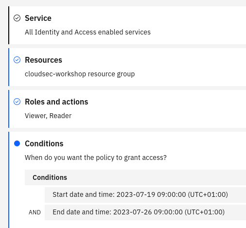Details of an access policy of an IBM Cloud IAM access group.
