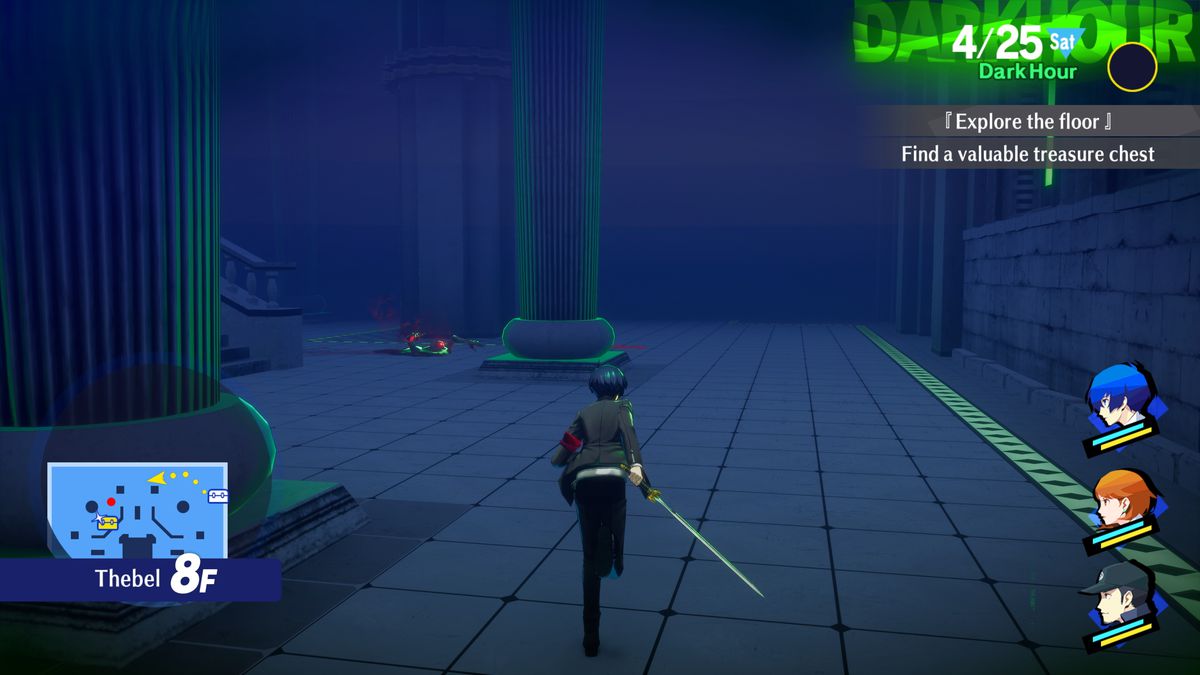 A high school student runs through a blue tiled room with massive pillars, his sword extended behind him.