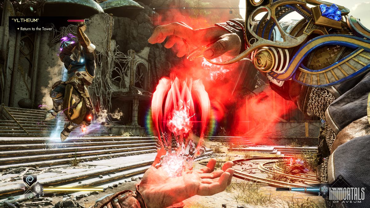 Een Immortals of Aveum-screenshot toont de speler in first-person die rode magie tussen zijn handen genereert