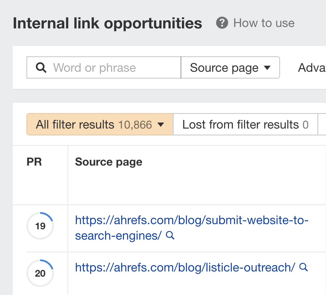 Internal link opportunities, via Ahrefs' Site Audit 