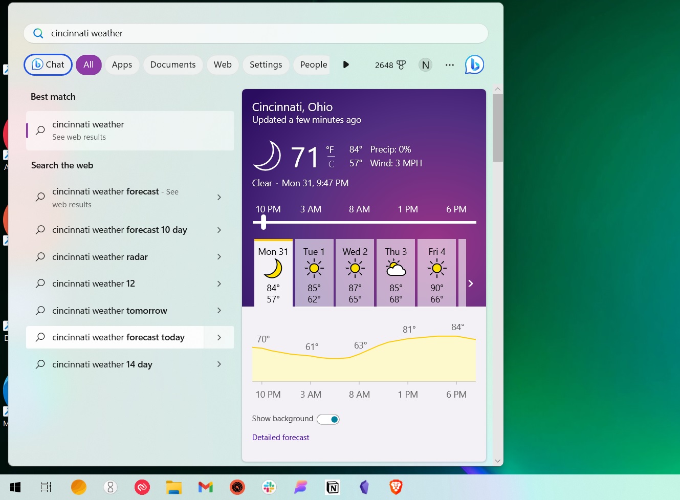 Weather results in Windows search