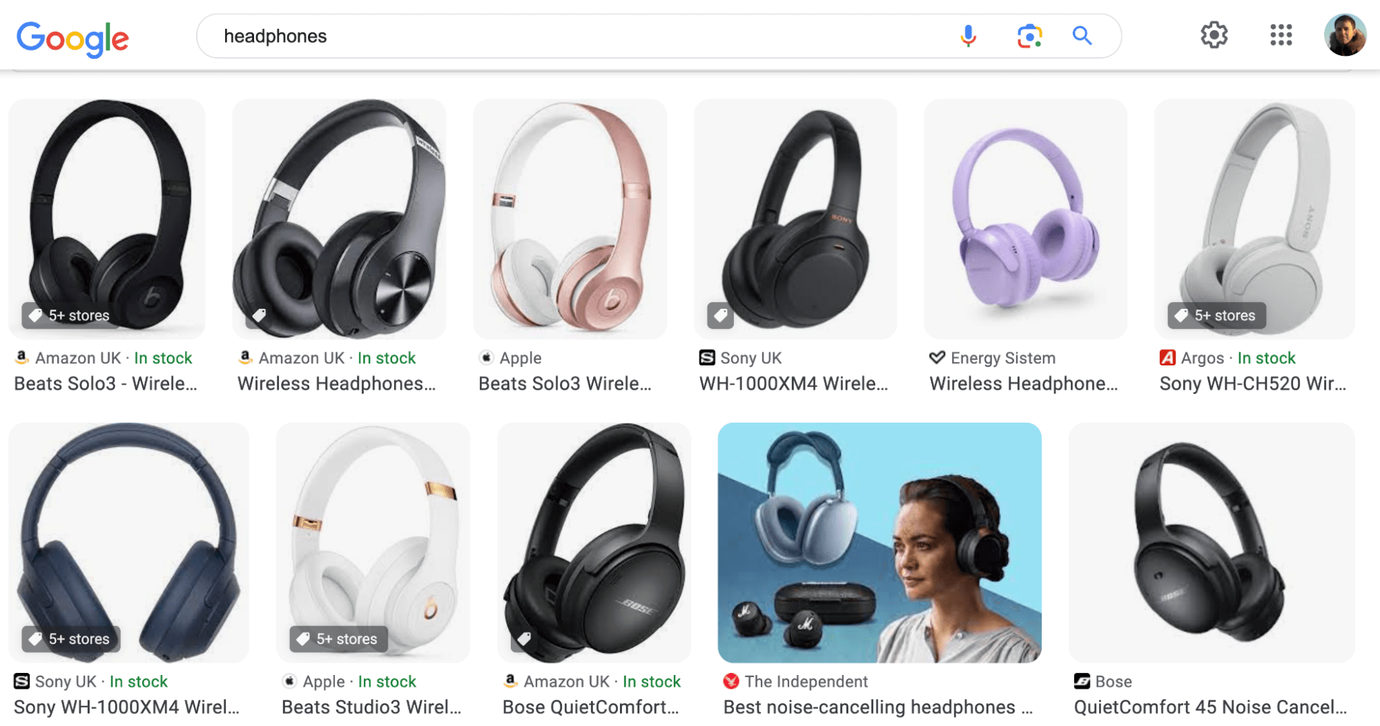 Kulaklık SERP'si, Google Görseller aracılığıyla