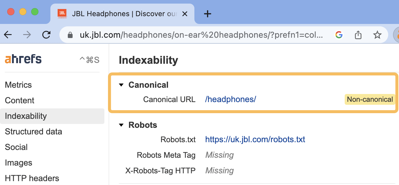Kanonik olmayan URL örneği, jbl.com aracılığıyla
