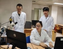 研究室で白衣を着てコンピュータ画面を見ている XNUMX 人のメモリスタ プロジェクト メンバー
