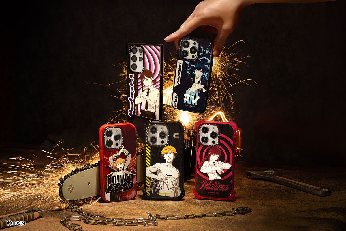A stock image of the phone cases featuring Power, Denji, Makima, Kobeni, and Aki modeled in front of a chainsaw.
