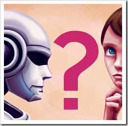 Ein Mensch und ein Roboter starren einander durch ein Fragezeichen an (erstellt mit DALL-E 2)
