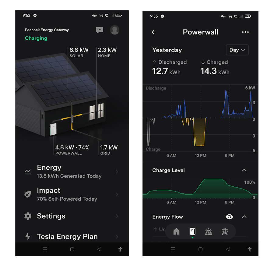 Tesla app - main and Powerwall screens