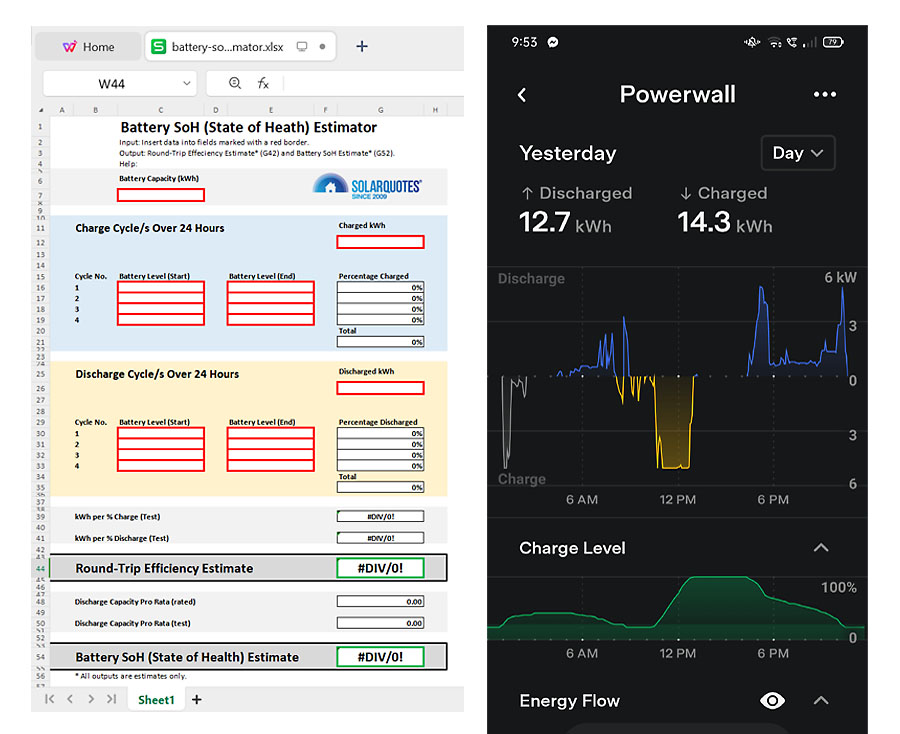 Battery SoH spreadsheet plus Tesla app