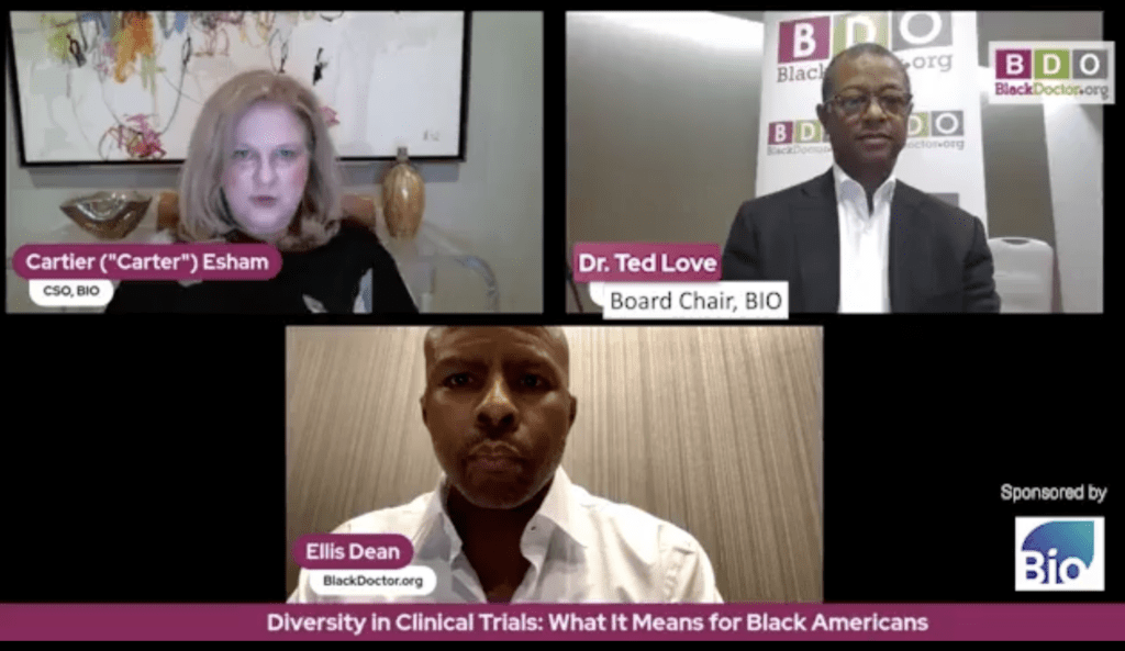BlackDoctor.org Facebook Live on clinical trial diversity with BIO's Dr. Cartier Esham and Dr. Ted W. Love