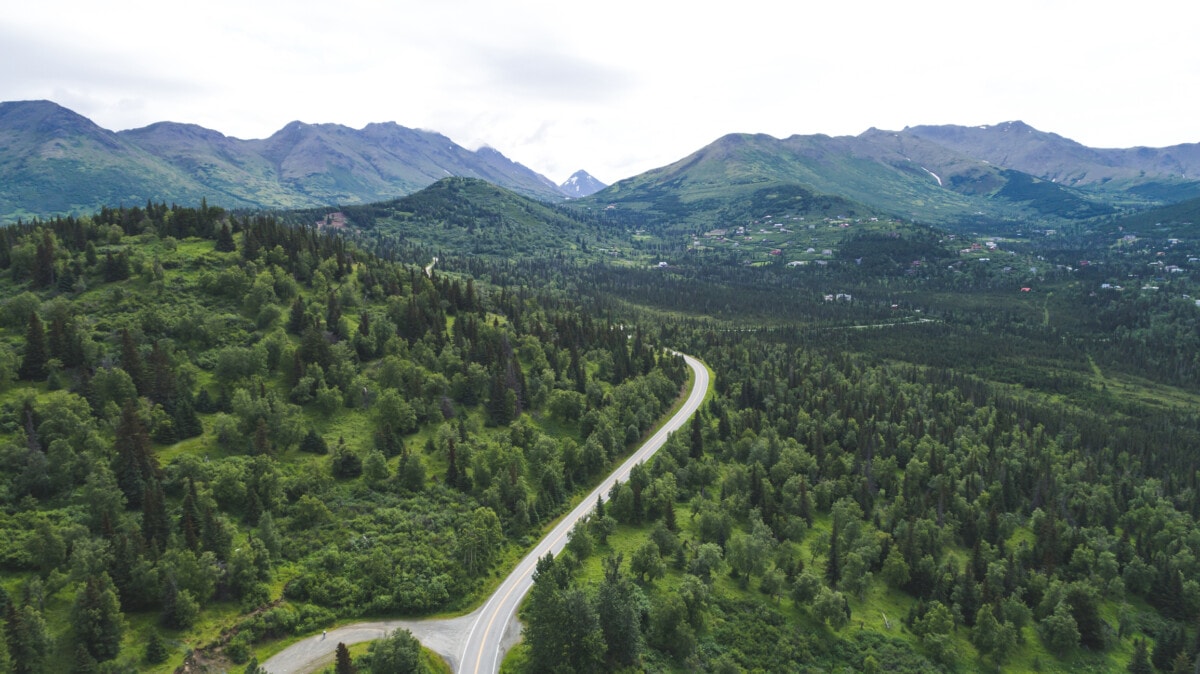 Luchtfoto van de snelweg en het bos in Alaska