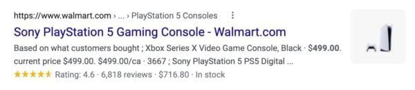 Sony Playstation 5에 대한 검색 결과 사진입니다. 사진에는 제품 가격, 고객 평가 및 리뷰, 재고 여부가 표시됩니다.