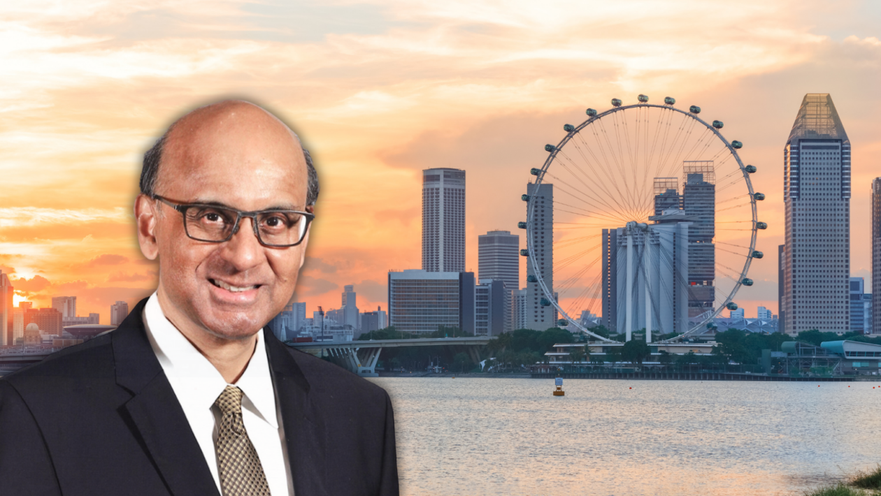 シンガポールの新首相が街のスカイラインの前に重ねられる