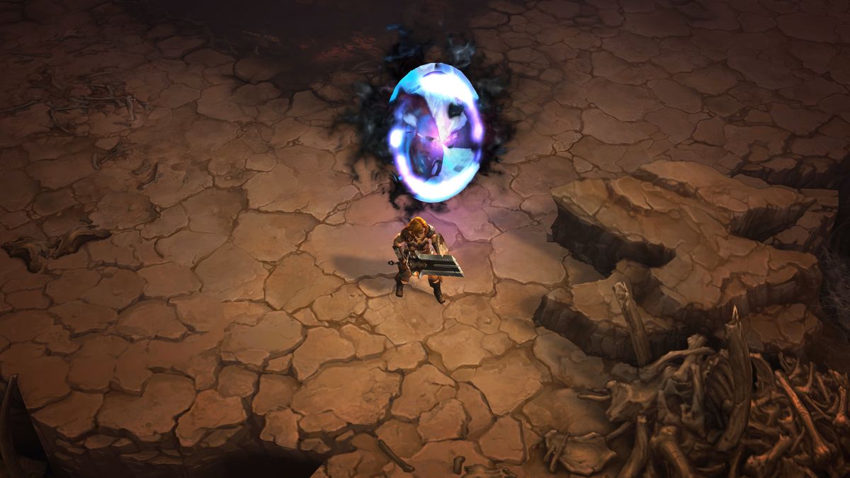 Een barbaar staat voor een vreemd portaal in een dor landschap in Diablo 3
