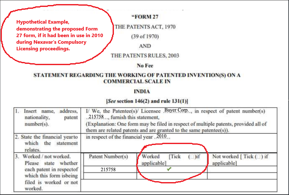 Hypothetical example of Nexavar's Form 27 re-done as per proposed amendment. It has the patent number, and a tick mark in the "Worked / Not Worked" section. No other details of the patent are mentioned in the form. 