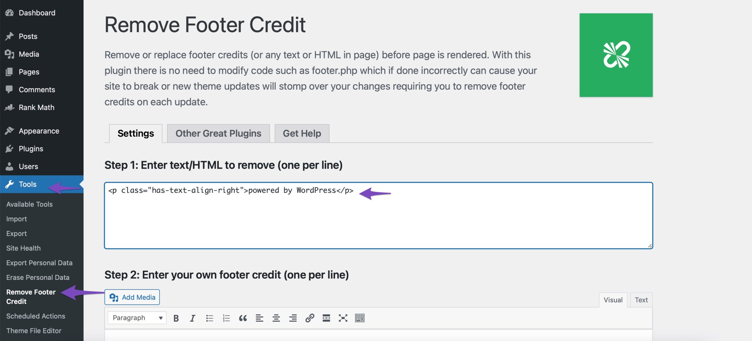 Plak de codefragmenten in de Remove Footer Credit Plugin.