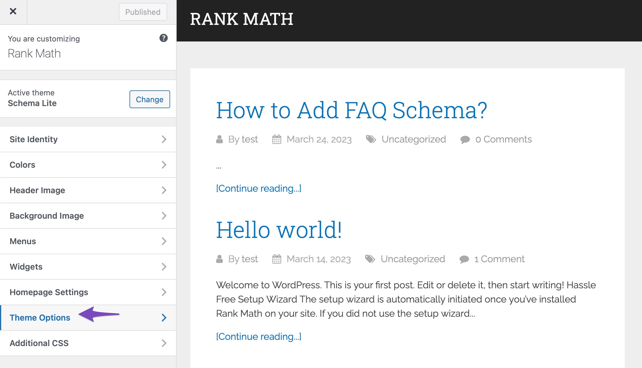 WordPress Customizer를 통해 Schema Lite의 바닥글 위젯에 액세스합니다.
