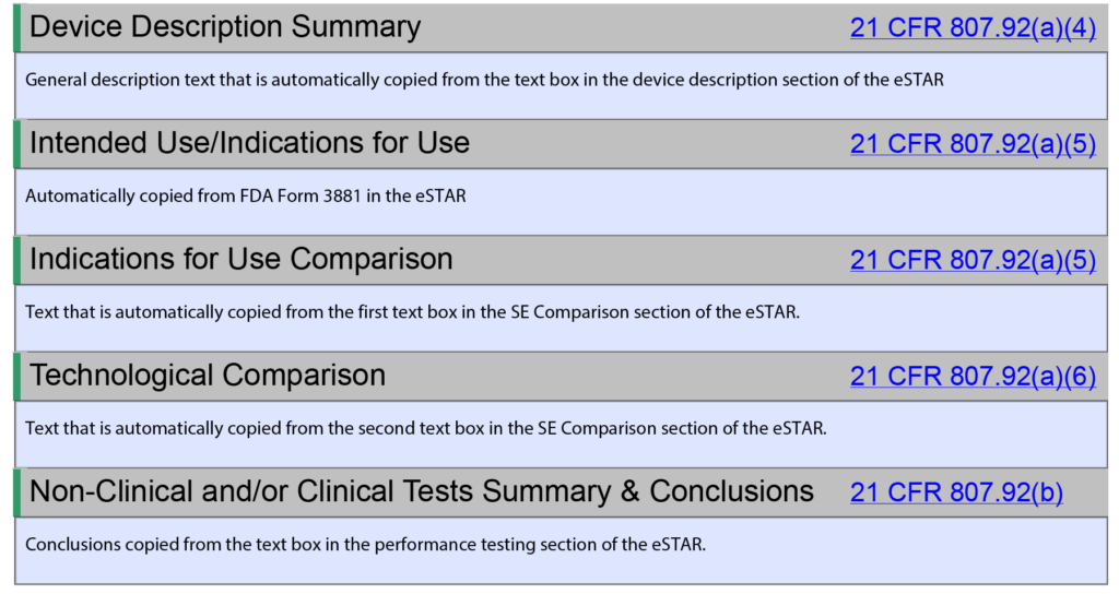 Las secciones del resumen de 510k que se completan automáticamente en la guía de selección de predicados de eSTAR 1024x544 proponen adiciones controvertidas