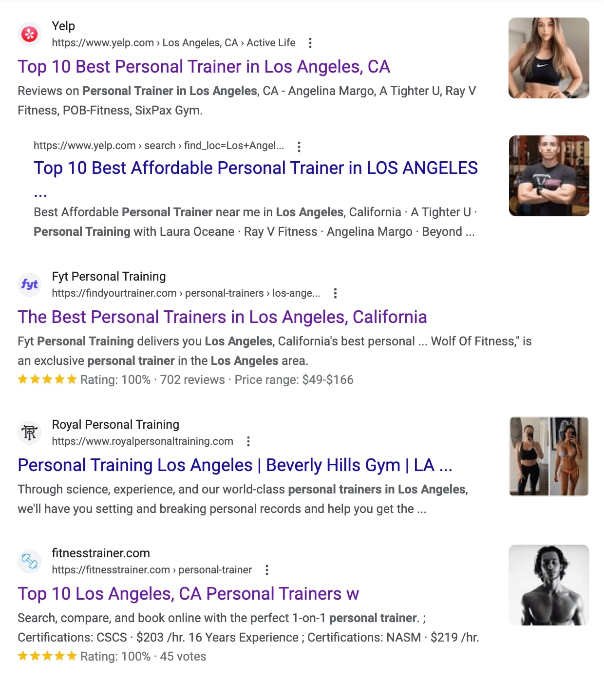 ¿Qué es el tráfico de referencia? Principales resultados de búsqueda de Google para "entrenador personal en los Ángeles"