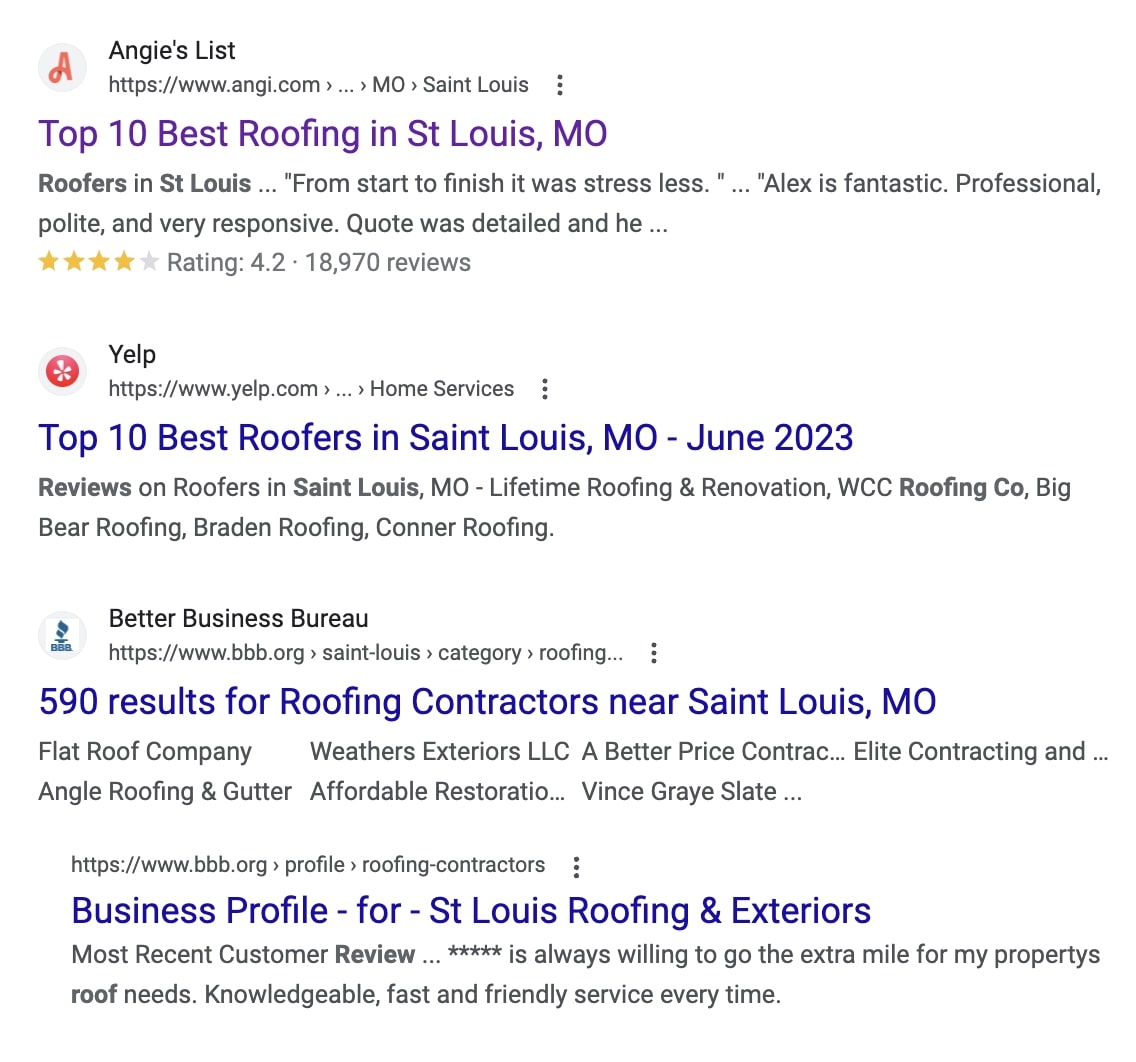 tráfico de referencia, principales resultados de búsqueda de Google para "reseñas de empresas de techado de St Louis"