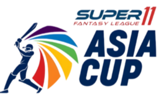 Asia Cup 2023-logotypen med en smet som slår ett slag och 6 färgremsor i violett, blått, grönt, gult, orange och rött, i ryggen.