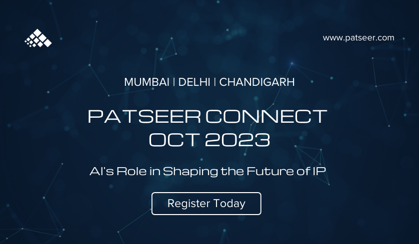 Evenementposter voor "PatSeer Connect Oct 2023" in marineblauw met het logo van Patseer linksboven en de website "www.patseer.com" rechtsboven. Op de poster staat dat het evenement zal plaatsvinden in Mumbai, Delhi en Chandigarh en de slogan heeft: "AI's rol in het vormgeven van de toekomst van IP". Hieronder ziet u een klein vakje met de woorden "Registreer vandaag nog" erin.