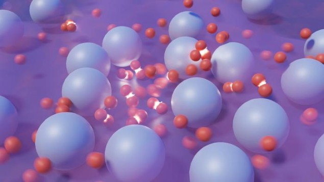 이상한 금속의 불균일한 원자 구조(더 큰 청회색 구체로 표시) 내에서 충돌하는 전자(작은 빨간색 공으로 표시)에 대한 예술가의 인상