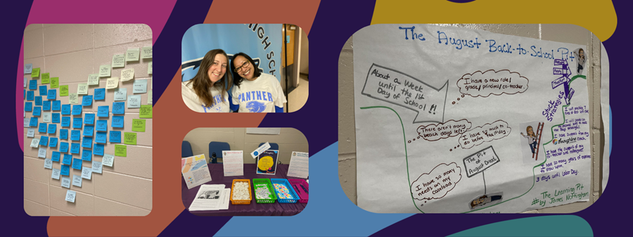 Collage of photos from Johnston Public Schools Open House on a colorful background (L-R): post-it notes arranged in the shape of a heart; Heidi & Vera smiling; Throughline Learning partner table; The August Back to School Learning Pit poster