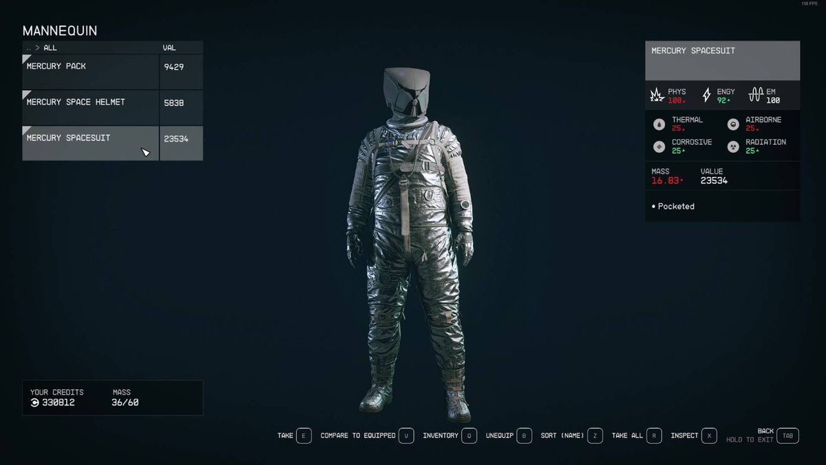 A Starfield menu shows the stats and design for the Mercury spacesuit, some of the best armor in Starfield.