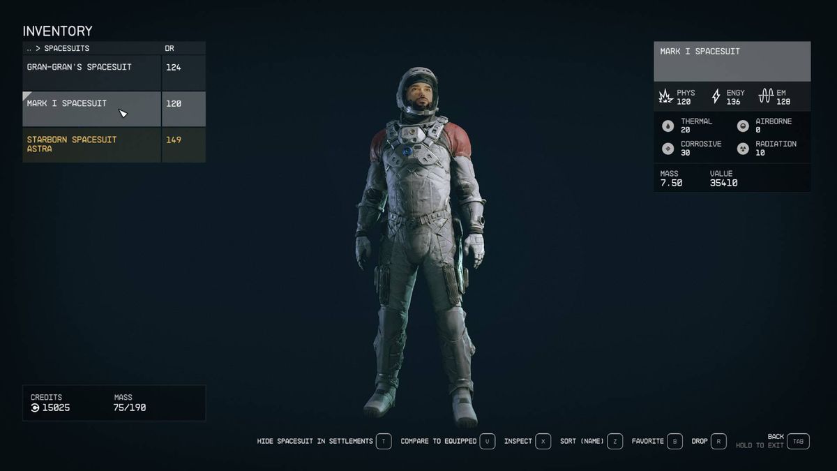 A Starfield menu shows the Mark 1 spacesuit, some of the best armor in Starfield.