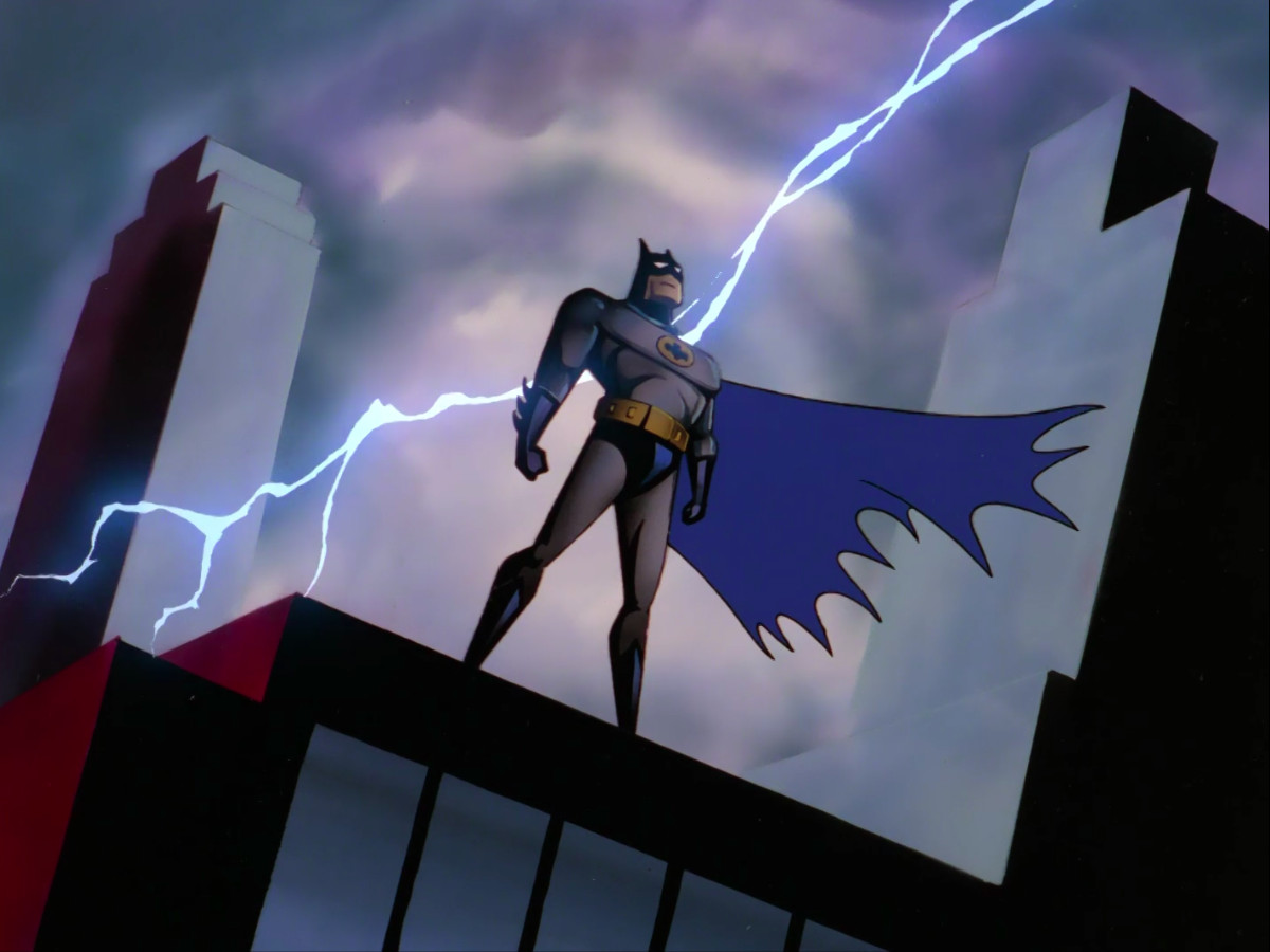 Cảnh Batman đứng trên một tòa nhà có vệt sét ở hậu cảnh trong chuỗi chủ đề của Batman: The Animated Series.