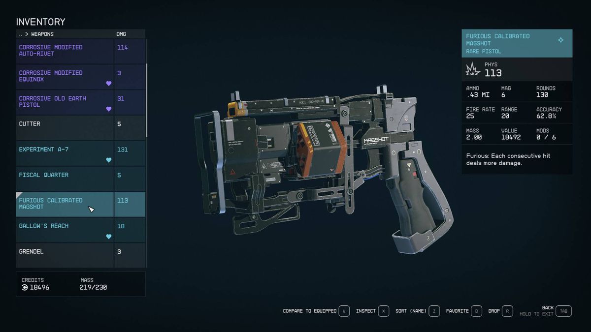 A menu shows the design and stats for the Magshot, one of the best weapons in Starfield.