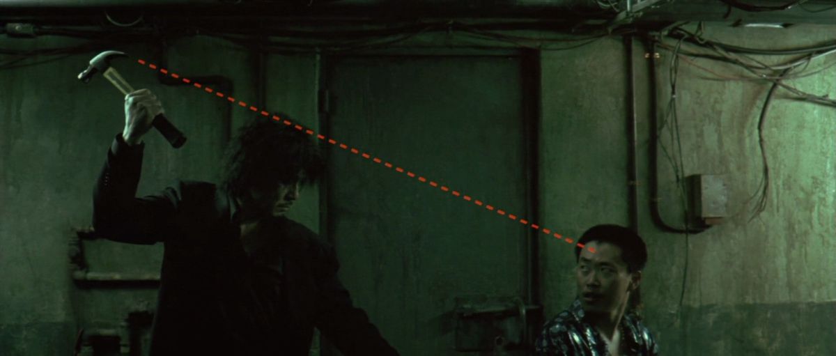 Choi Min-sik aims a hammer at the head of a man sitting in a dark hallway, a cartoonish dotted line extending from the head of the hammer to the man’s forehead in Oldboy.