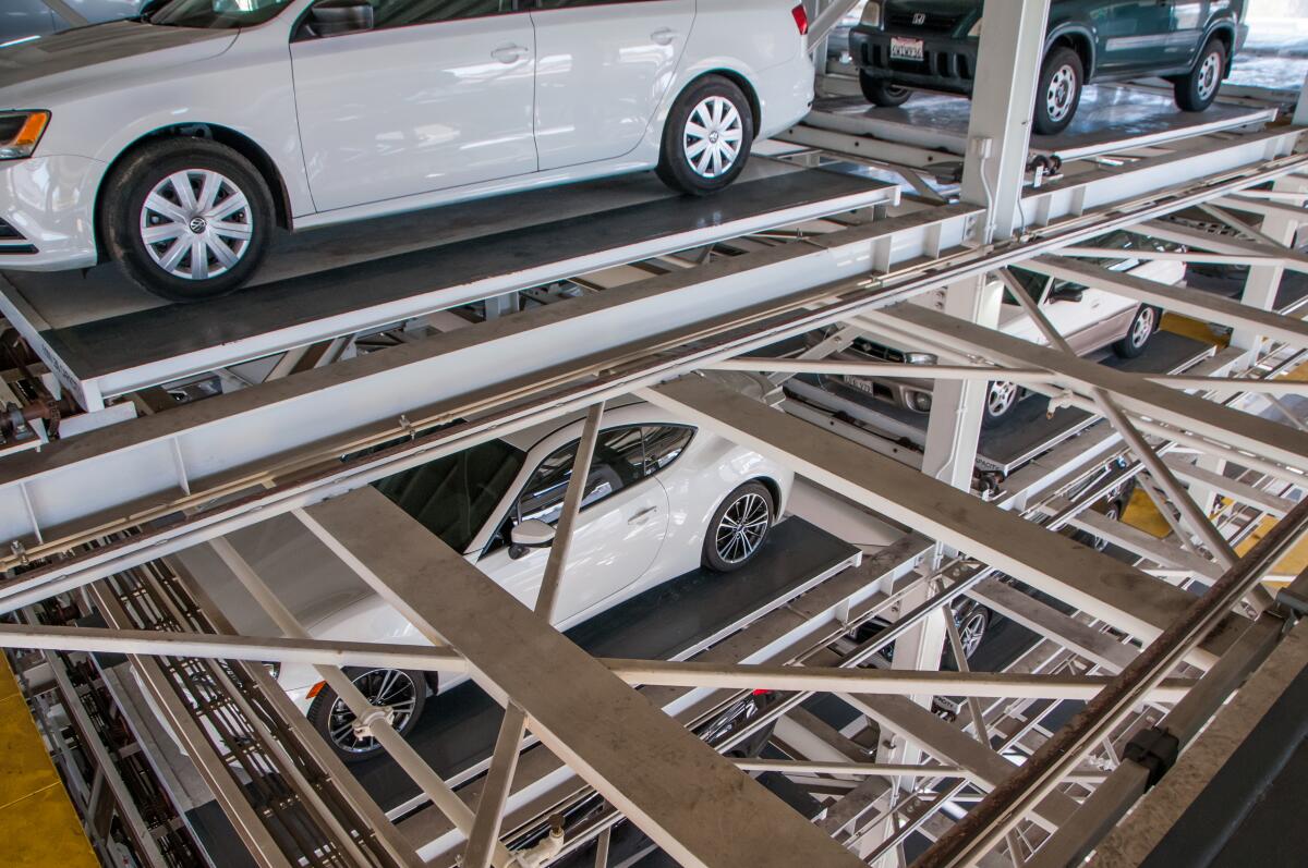 A robotic parking system at the Helm Bakery parking garage in Culver City parks and stacks cars without human assistance.
