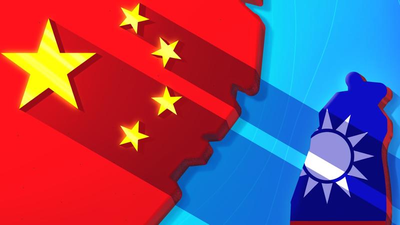국가의 패턴으로 깃발이 있는 중국과 대만 지도 그림, 대만 위에 중국의 그림자가 있음, 사진 제공: Rich Townsend/Getty Images