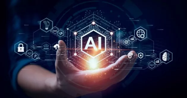 Yapay Zeka (AI) Otomasyonunun beyin çalışmasına dokunan işadamı, Tahmine dayalı analiz, Müşteri hizmetleri AI destekli sohbet robotu, müşteri verilerini, iş ve teknolojiyi analiz etme, iş temeli modeli için AI